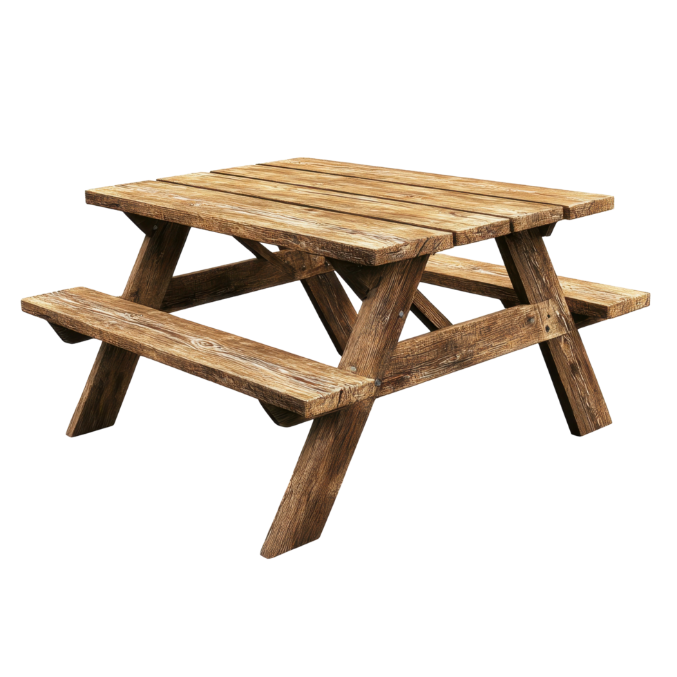 Rustic wooden picnic table with simple design. png