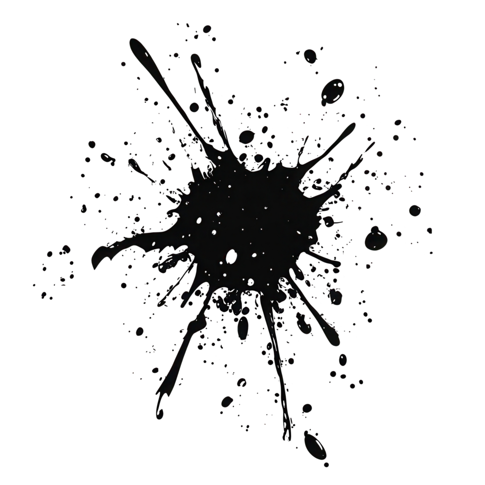 Dark ink splatter with sparkling particles against a black background. png