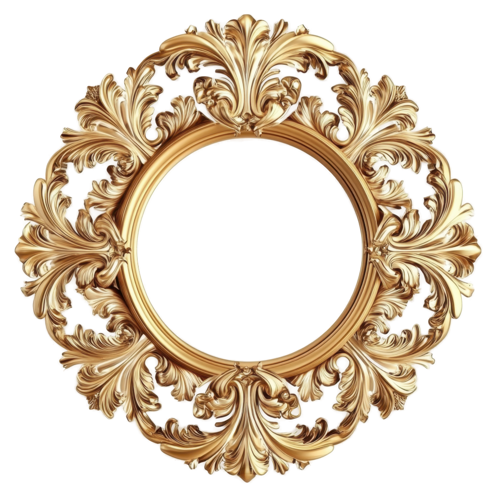 Ornate gold circular mirror frame with detailed leaf carvings. png