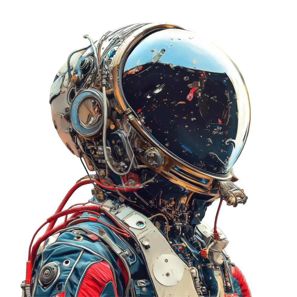 Futuristic astronaut helmet and suit detail, showcasing advanced space technology. png