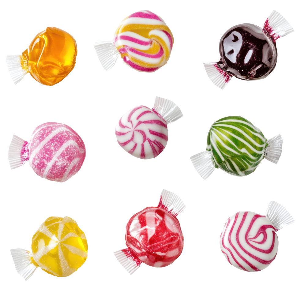 Colorful round candies with swirled patterns. png