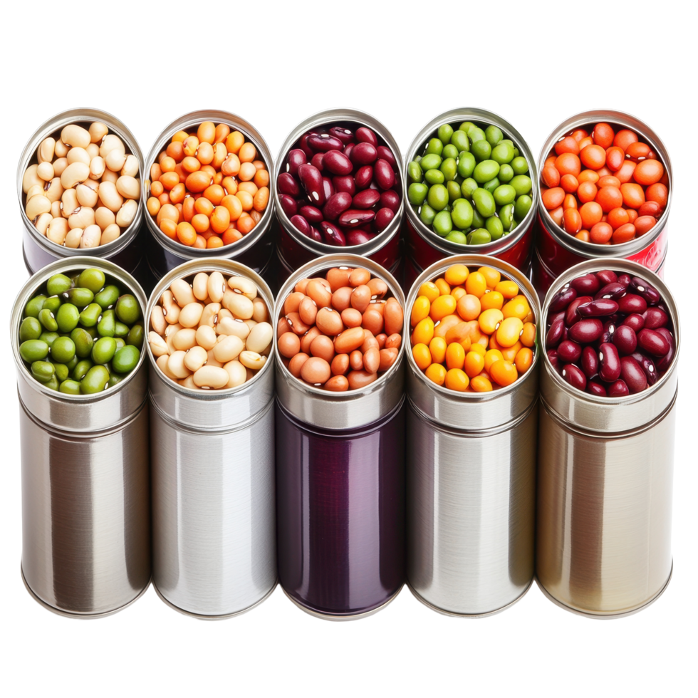 Various canned beans arranged in rows. png