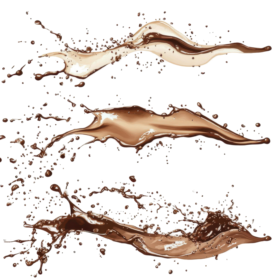 Chocolate liquid splashes and abstract shapes form a dynamic composition. png