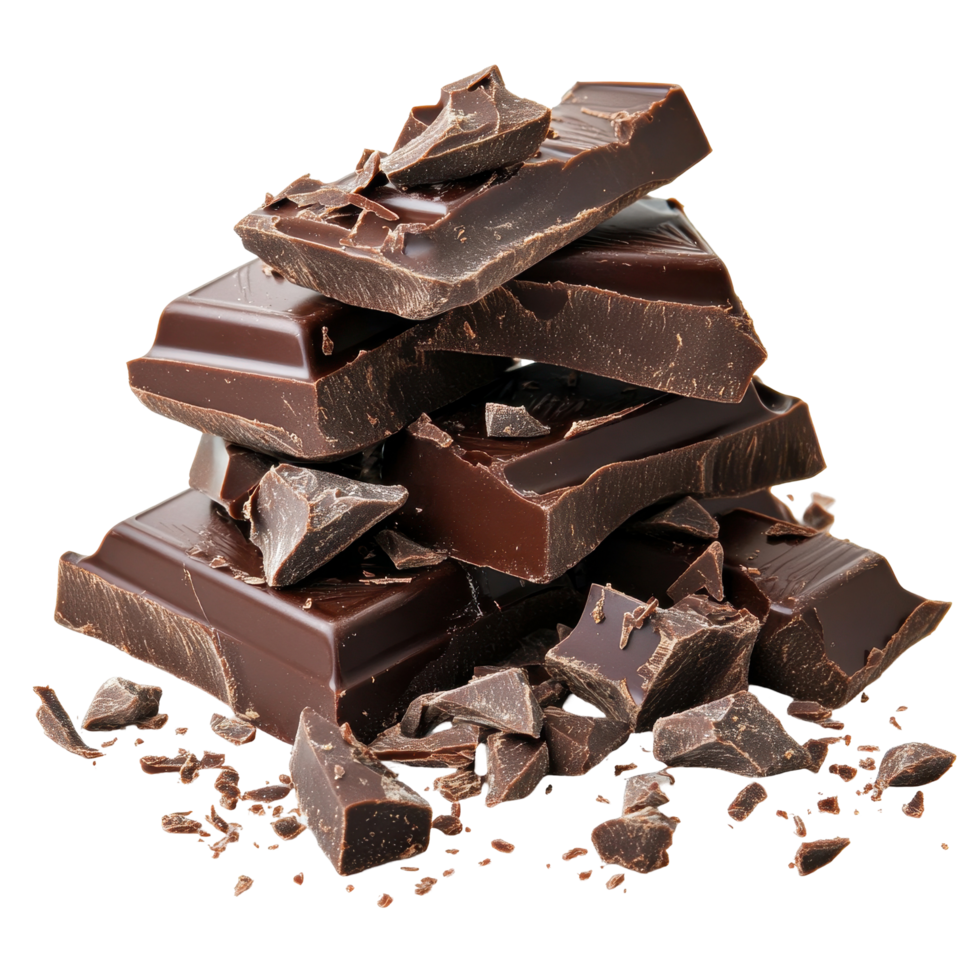 Dark chocolate chunks and broken pieces create a decadent stack. png