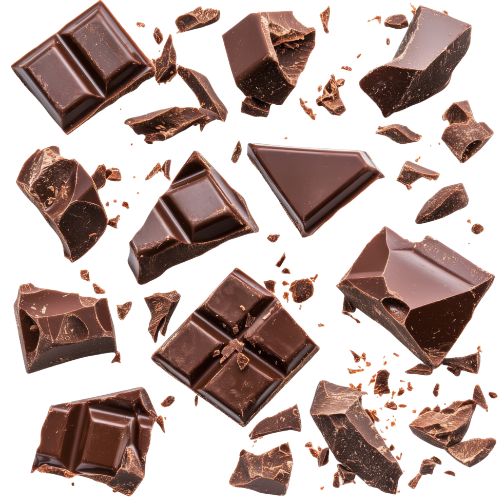 Chocolate bar fragments in vibrant, abstract display. png