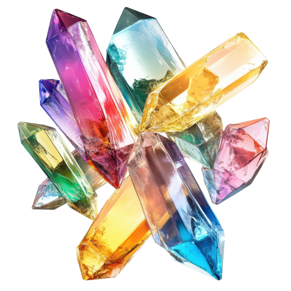 Vibrant multicolored crystals arranged in a cluster. png