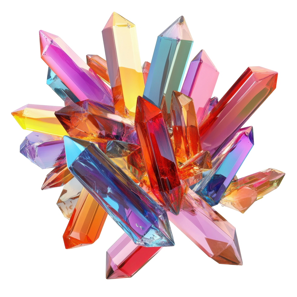 Vibrant cluster of multifaceted prismatic crystals. png