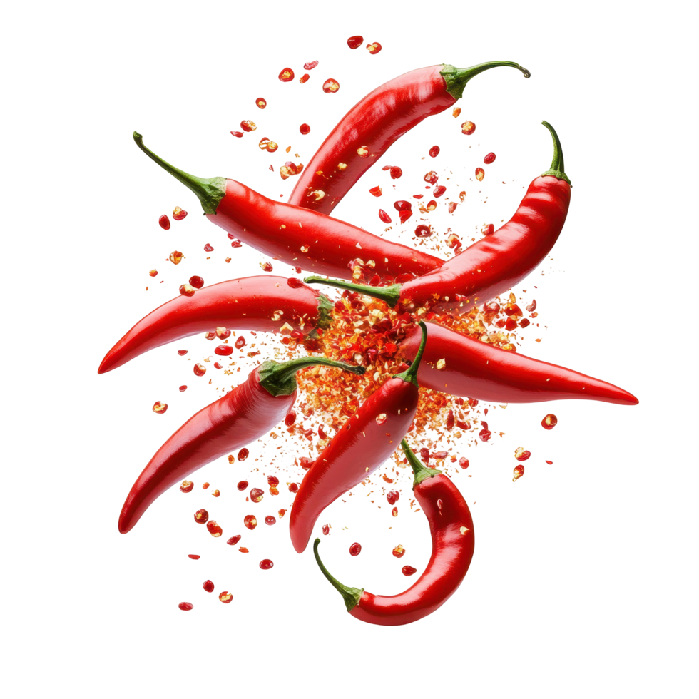 Vibrant chili peppers explode in a colorful, dynamic display. png