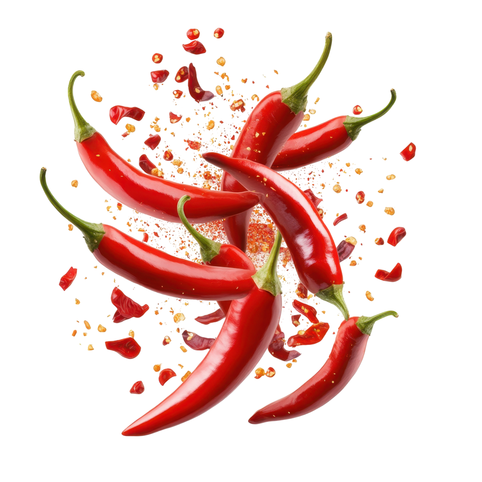 Vibrant chili peppers burst forth in a dynamic graphic design. png