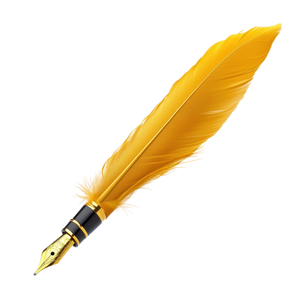 Gold feather quill pen resting on a surface. png