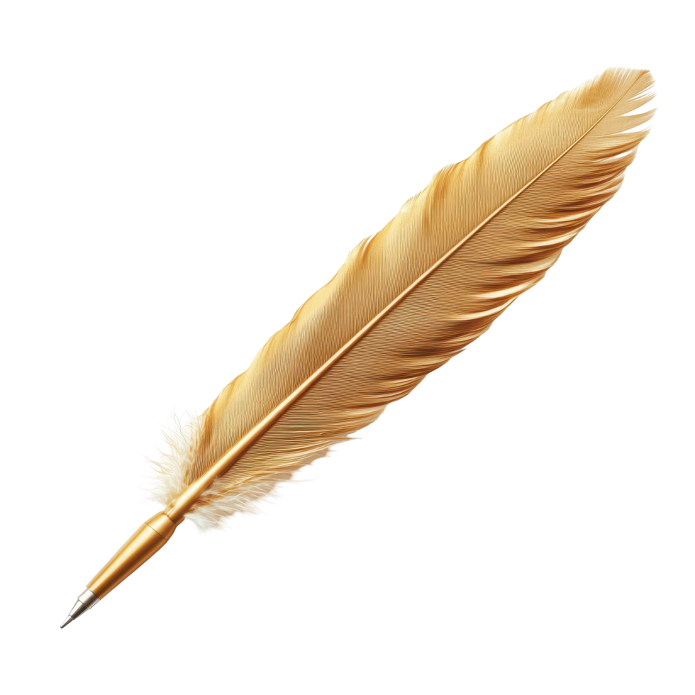 Golden quill resting on a richly colored book. png