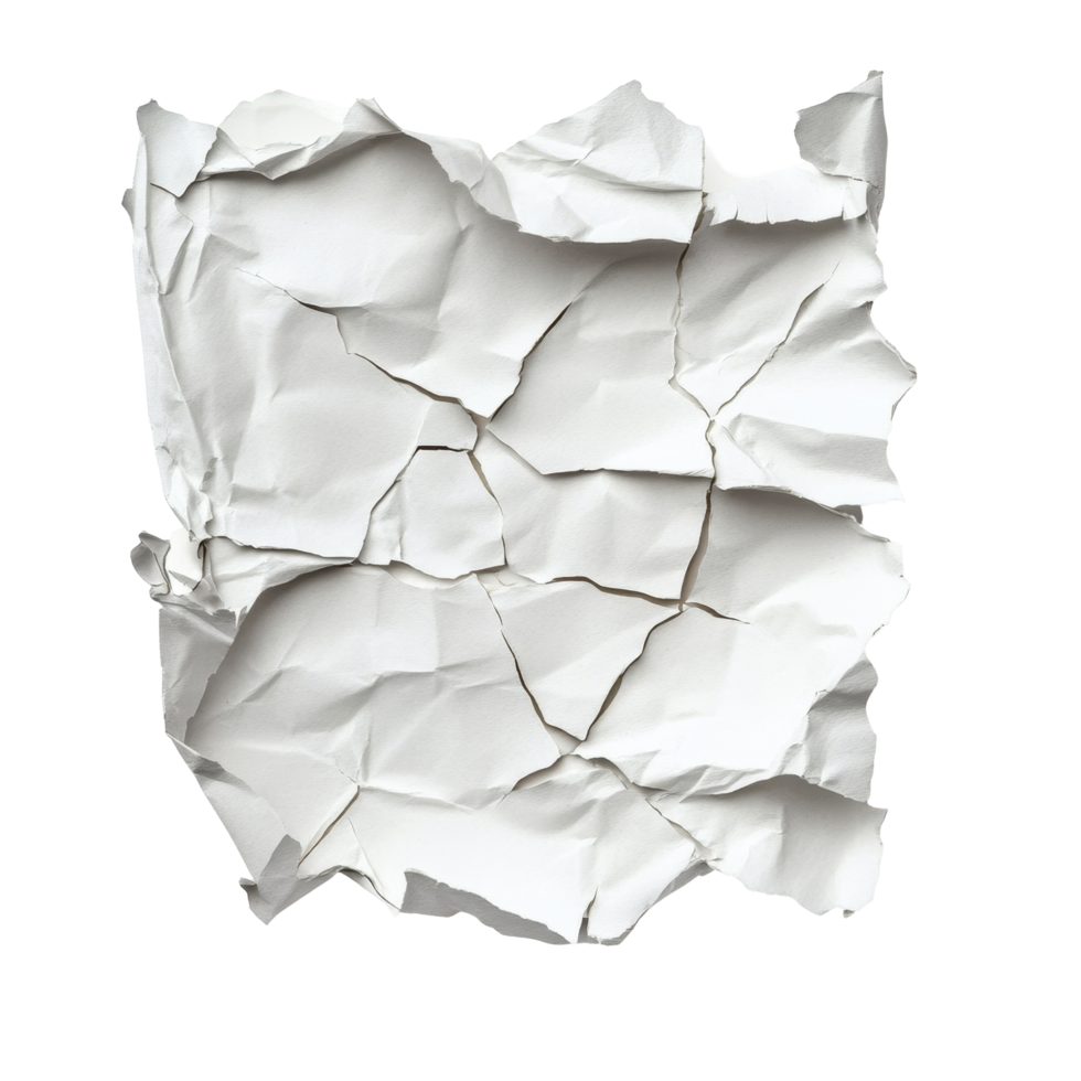 Crinkled, textured white paper, showcasing intricate folds and cracks. png