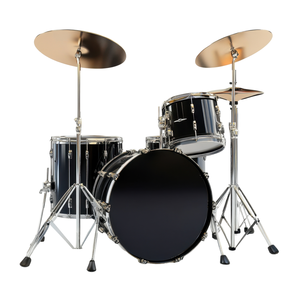 Polished black drum set against a muted backdrop. png