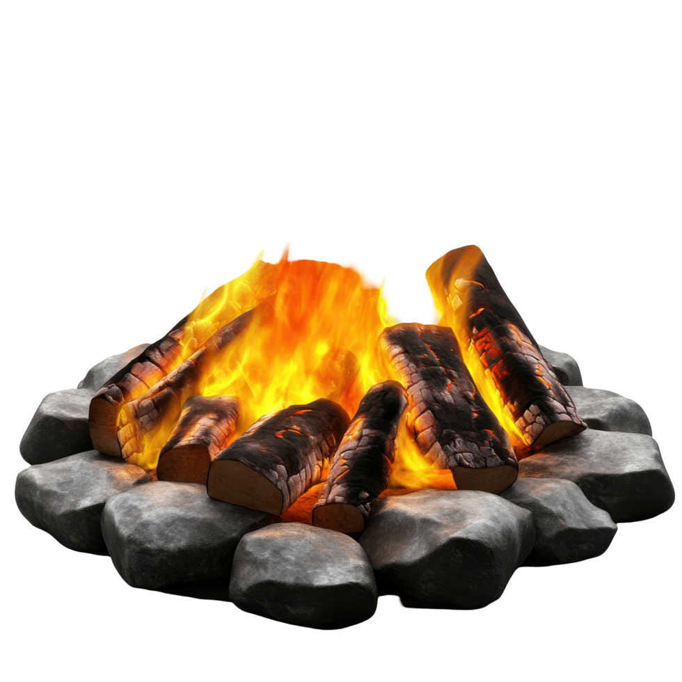 Fiery campfire crackling amidst stones. png