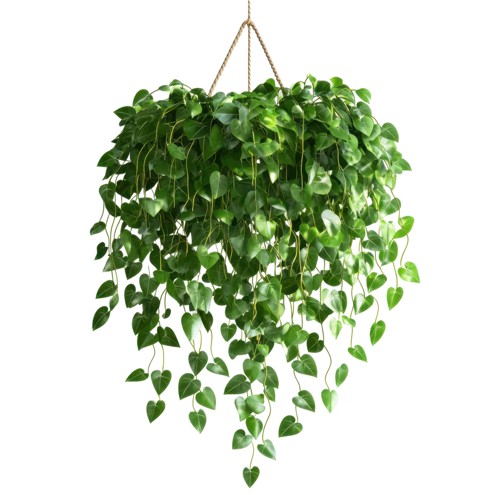 Lush hanging plant with trailing vines in a decorative planter. png