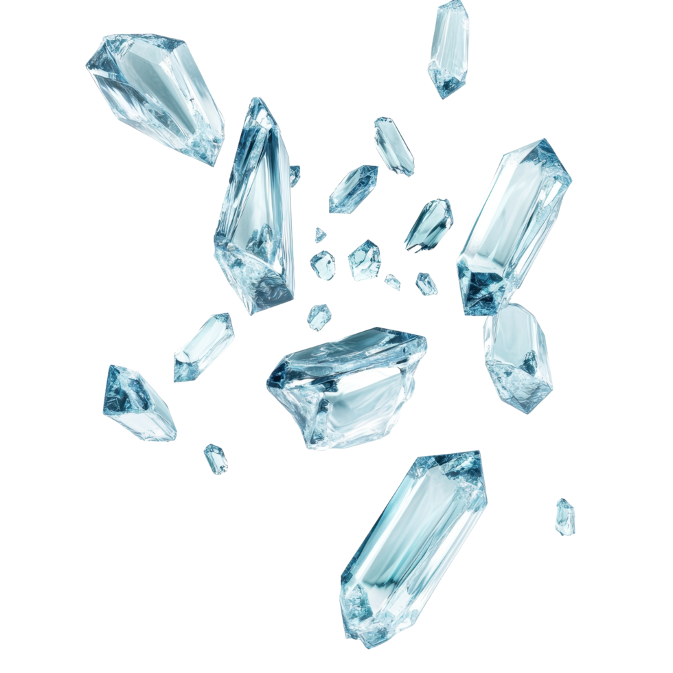 Shattered ice crystals cascade against a backdrop of abstract geometric shapes. png