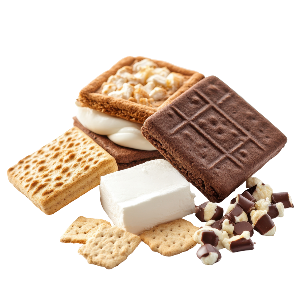 Assorted graham crackers, cookies, and s'mores confections. png