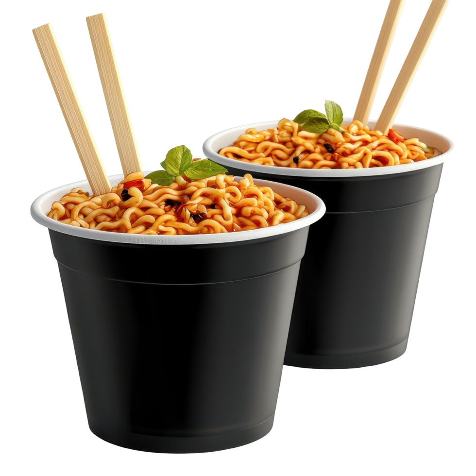 Two black plastic cups of instant noodles with chopsticks. png