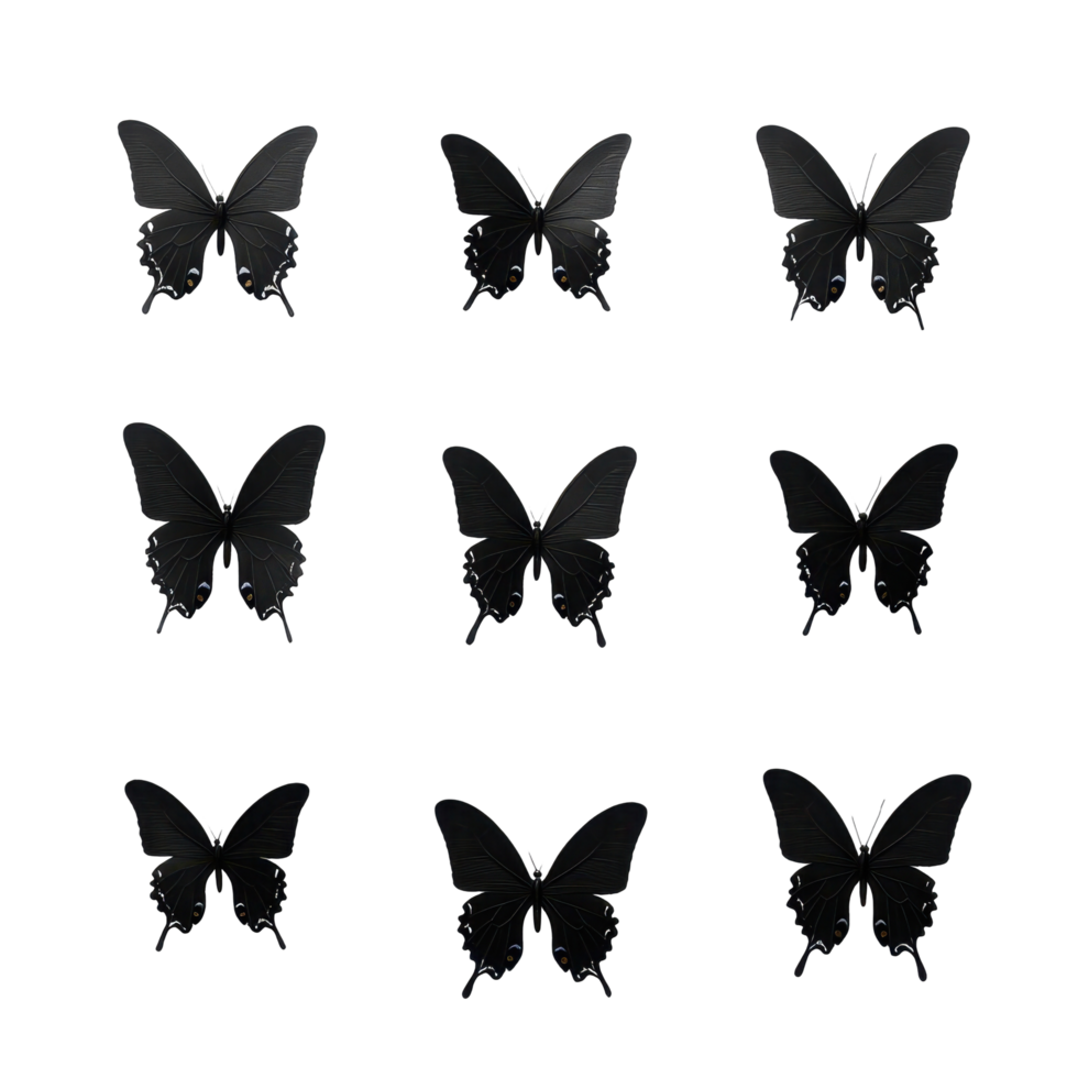 Nine identical black butterflies arranged in a grid pattern. png