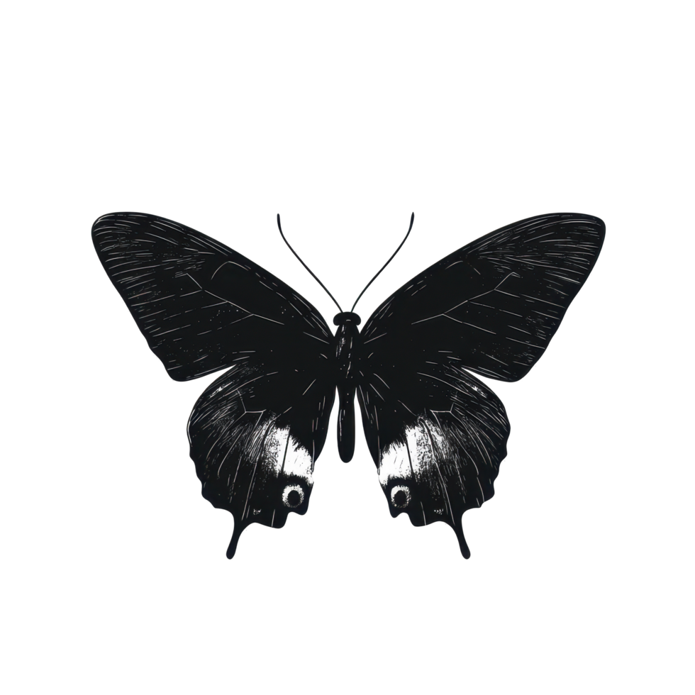 Isolated black and white butterfly, detailed graphic. png