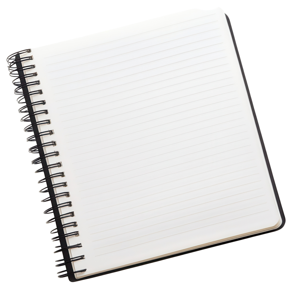 Blank spiral-bound notebook angled, ready for writing. png