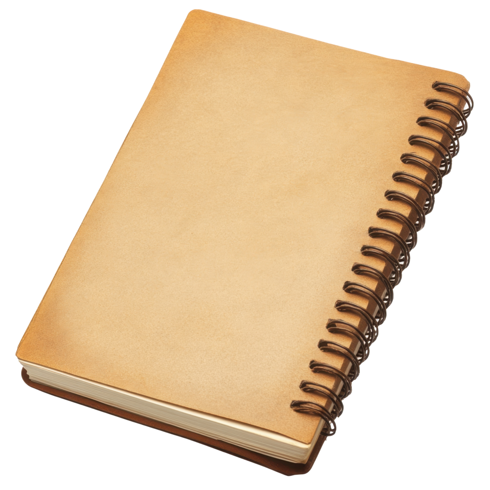Aged spiral-bound notebook rests on a plain background. png
