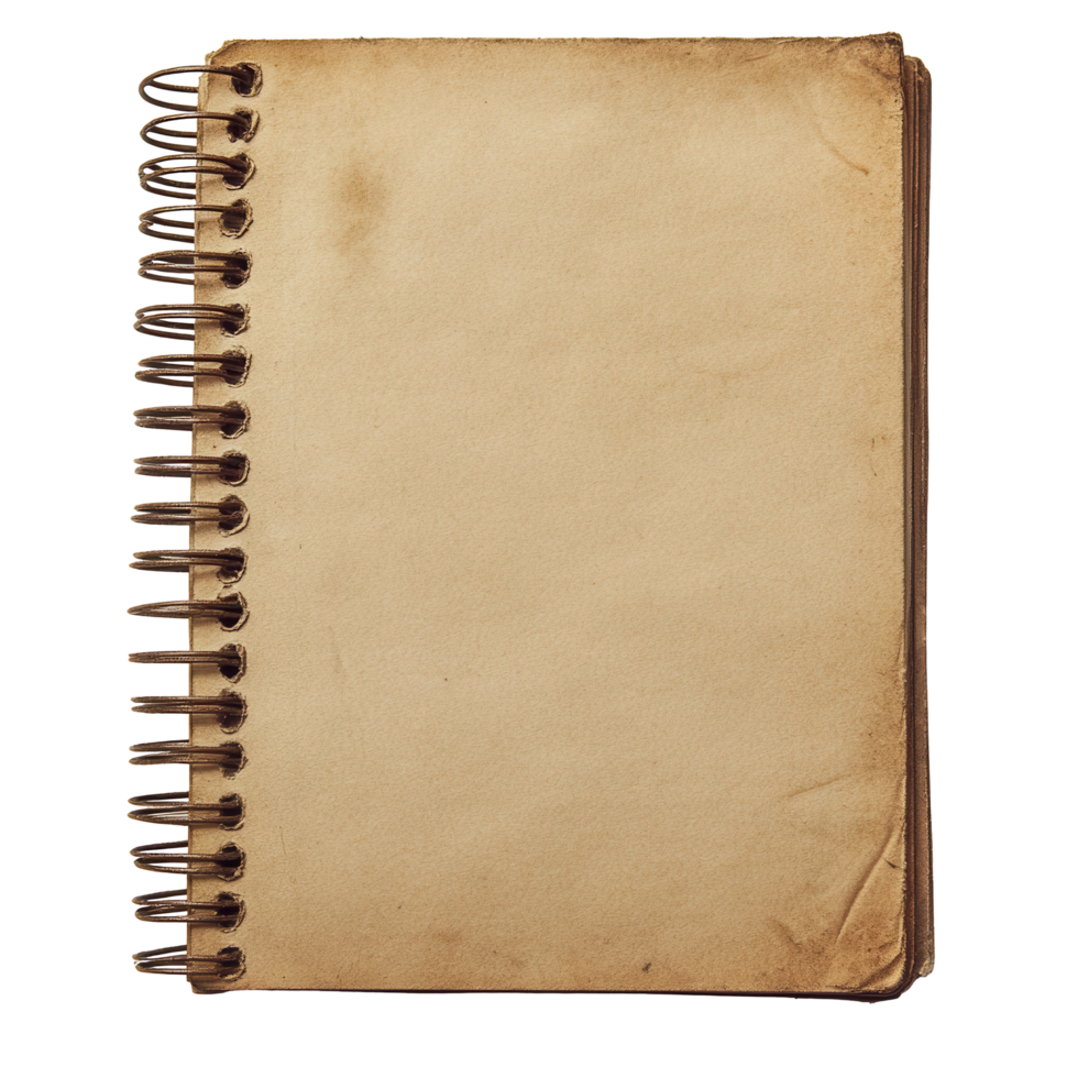 Aged spiral-bound notebook with blank pages. png