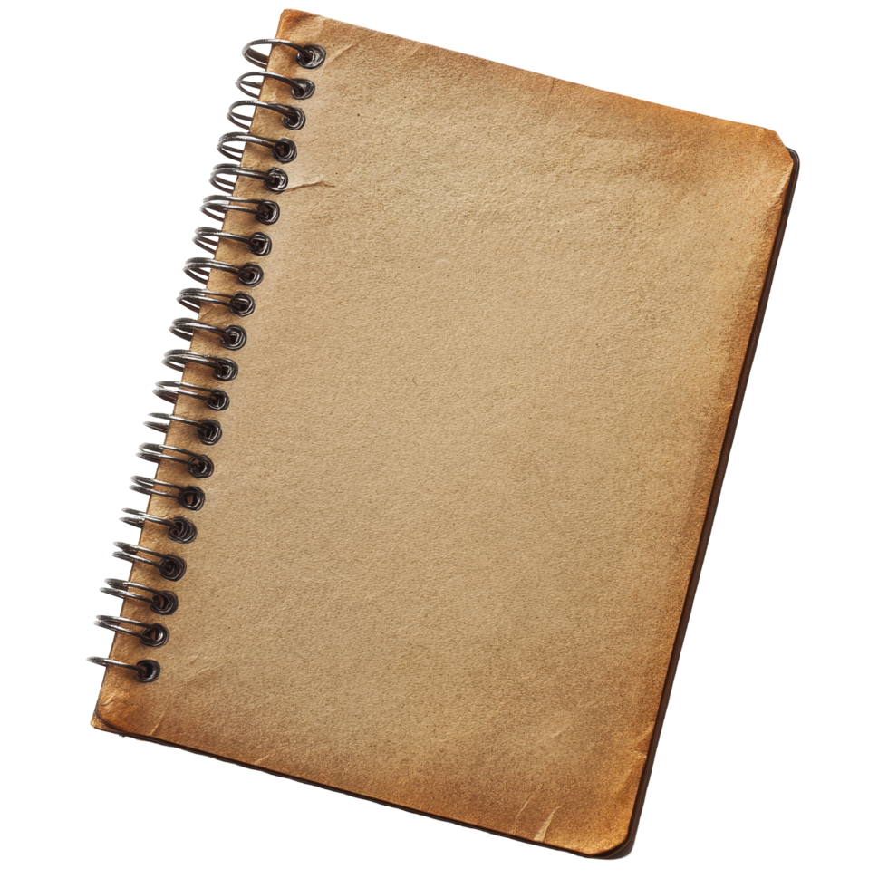 Aged spiral-bound notebook, blank pages. png