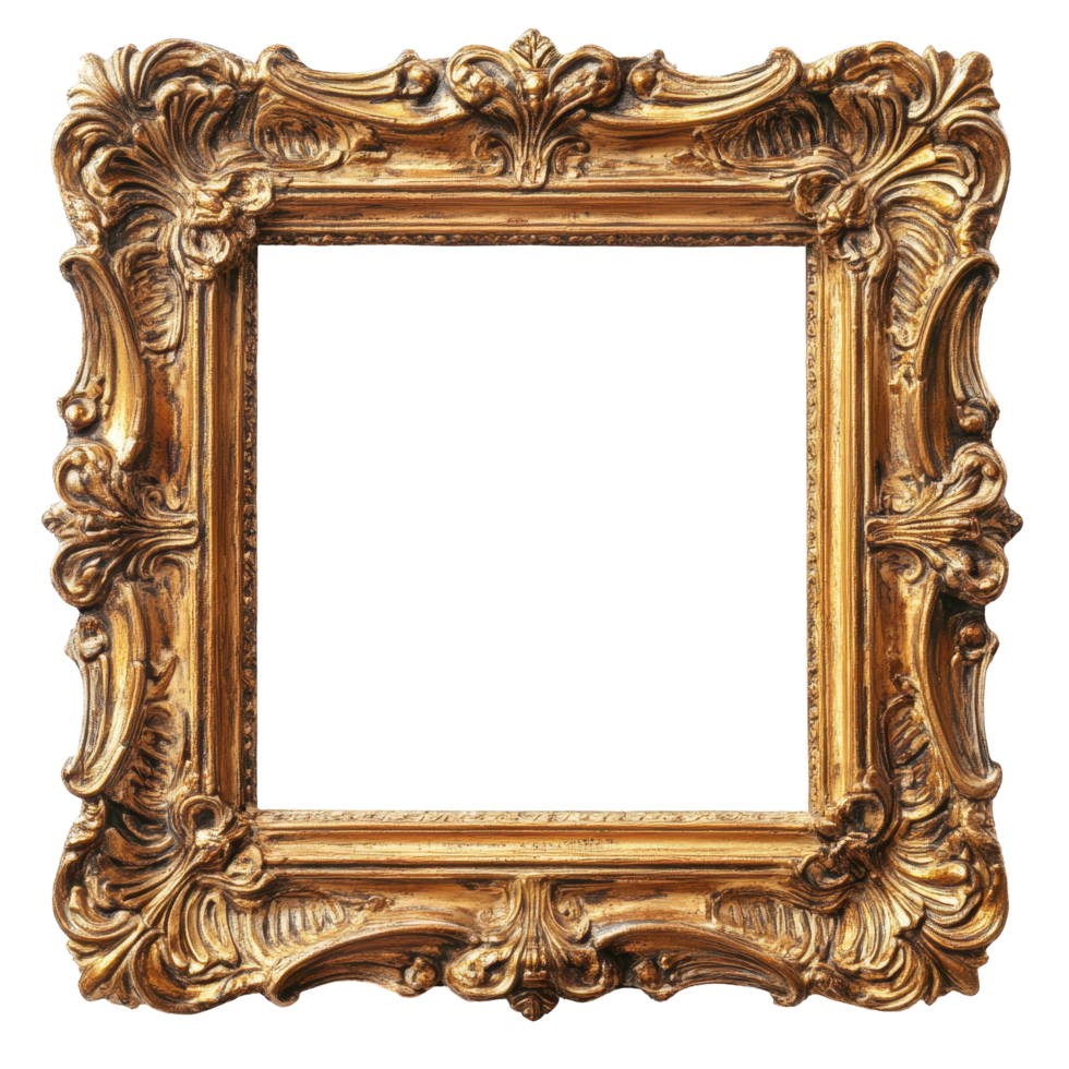 Ornate gold picture frame, displaying empty space. png