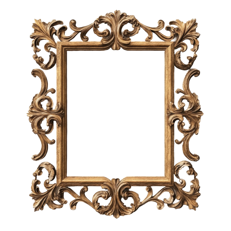 Ornate gold-toned wooden picture frame with detailed carvings. png