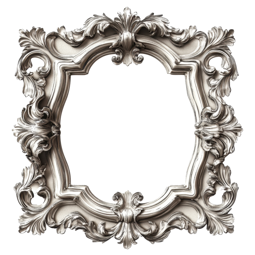 Ornate silver-toned square mirror frame with detailed carvings. png