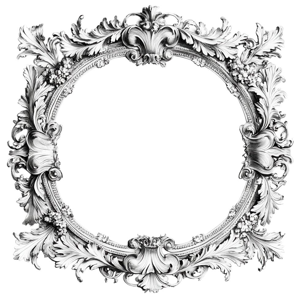 Ornate circular picture frame with elaborate decorative details. png
