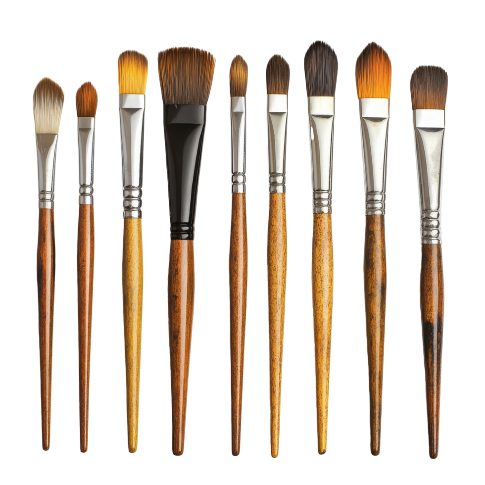 Various art brushes with wooden handles, displayed in an organized array. png