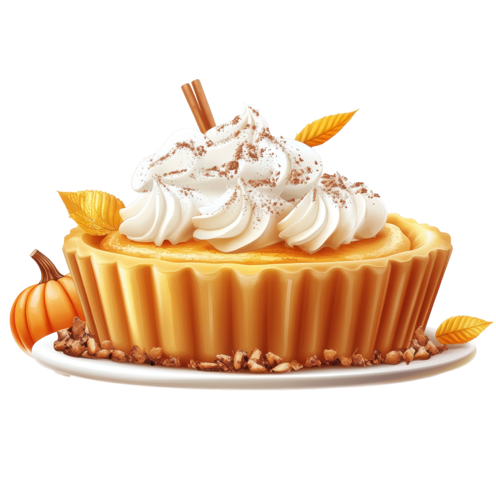 Delicious pumpkin pie with whipped cream and cinnamon. png