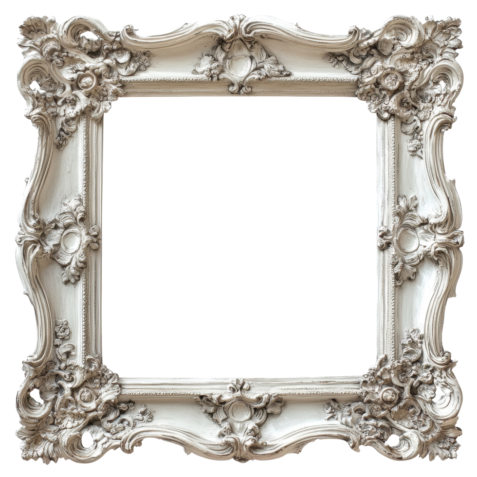 Ornate white picture frame with detailed carvings. png