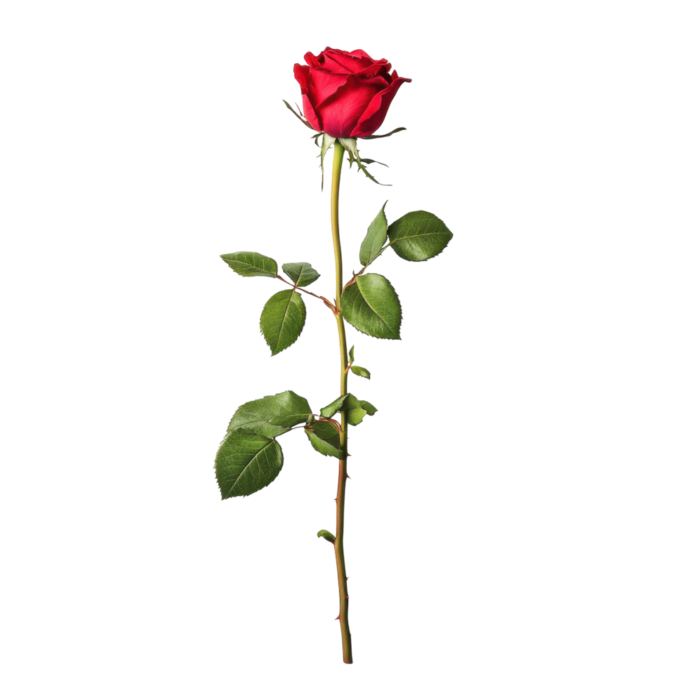 Single crimson rose with long stem, isolated against a background of vertical color stripes. png