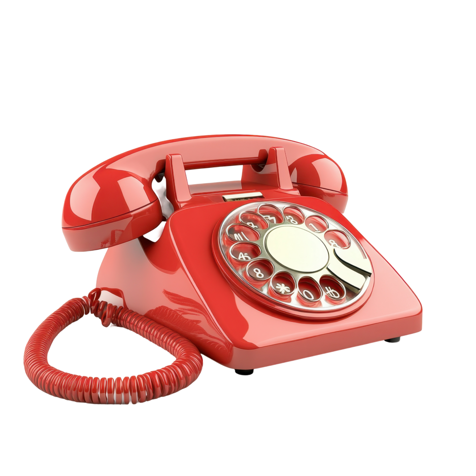 Retro red rotary dial telephone displayed. png