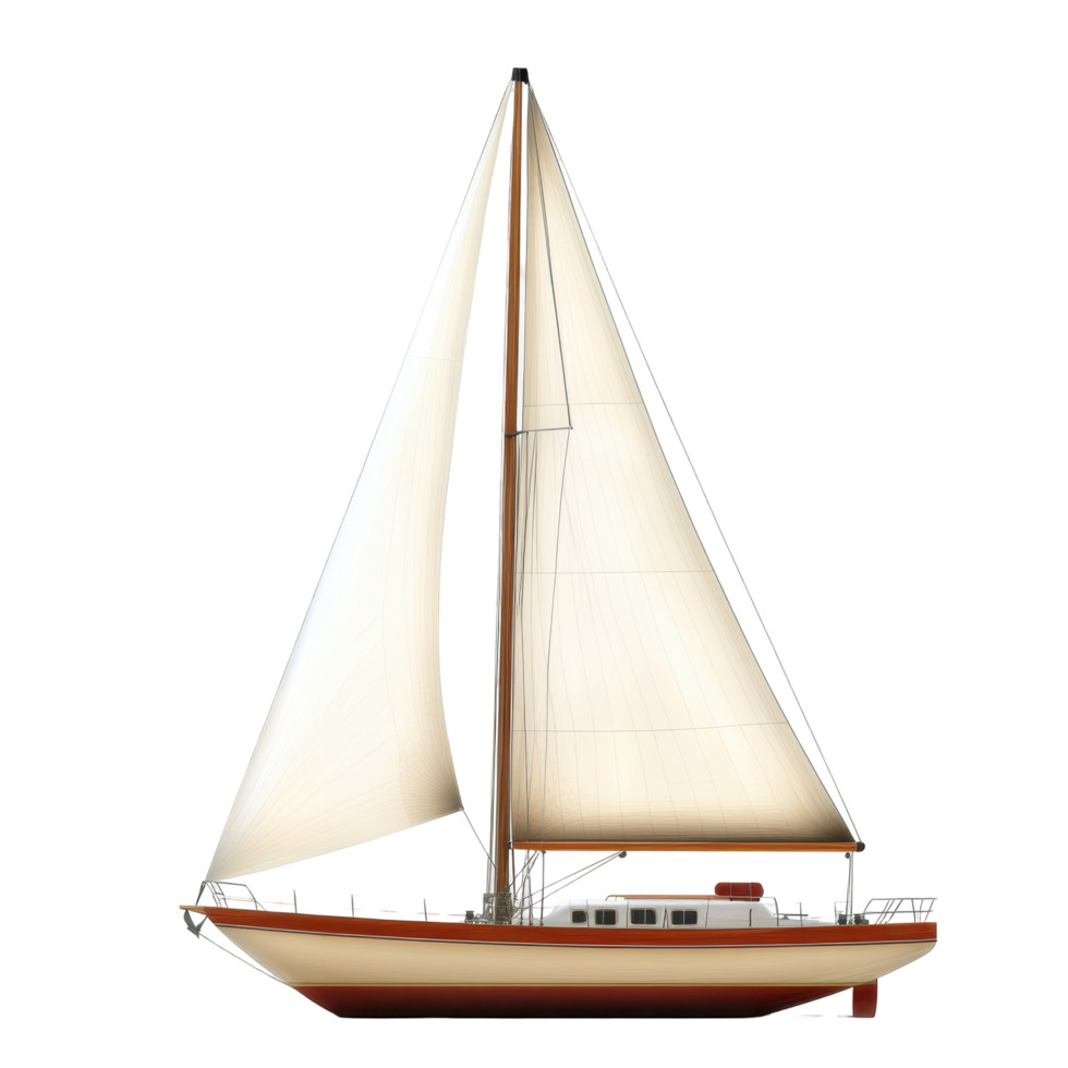 Side view of a classic sailboat with a cream-colored sail. png