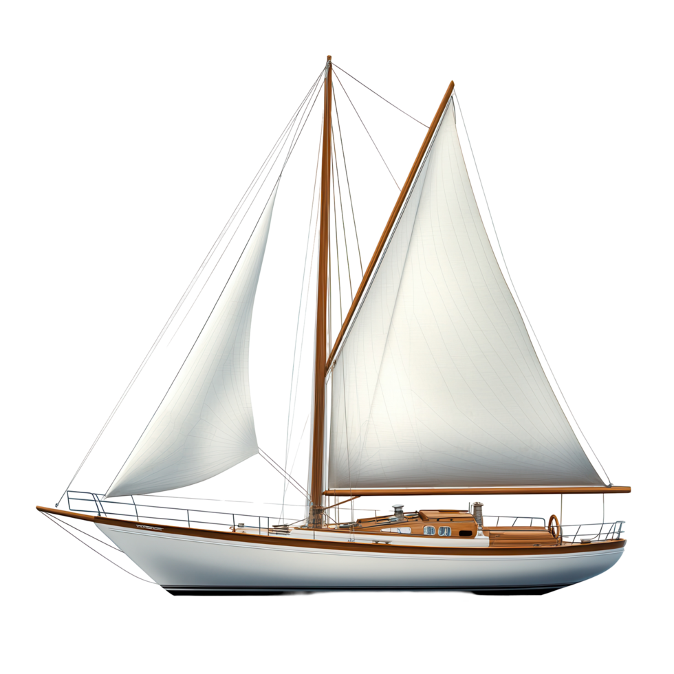 Classic sailboat with white sails and wooden hull. png