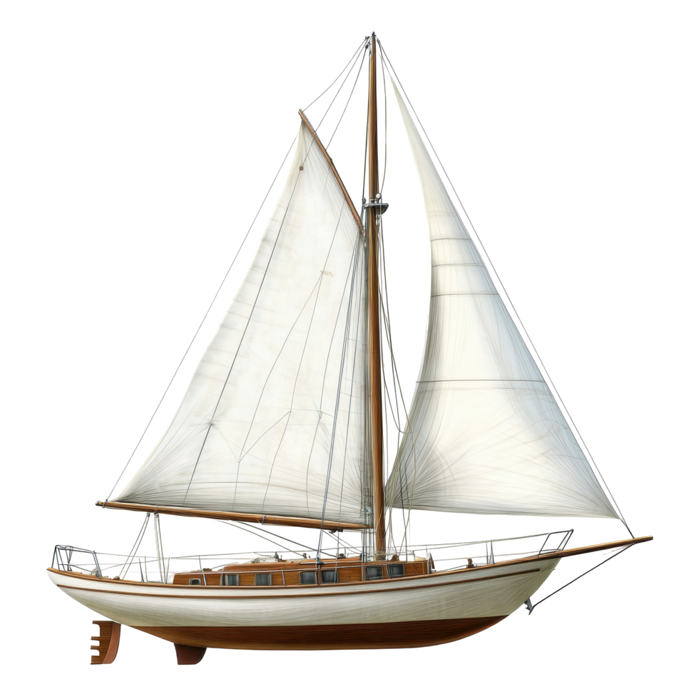 Classic sailboat with a white sail and light brown hull. png
