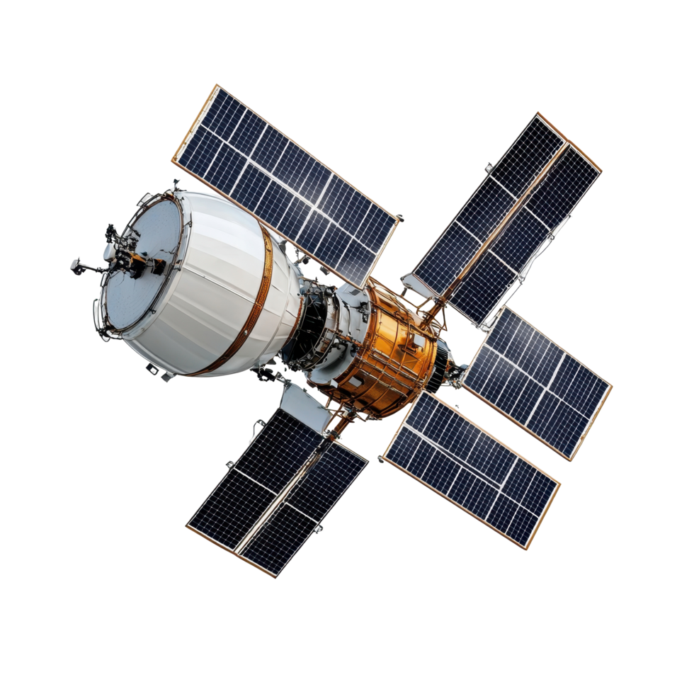 Spacecraft with solar panels deployed in orbit. png