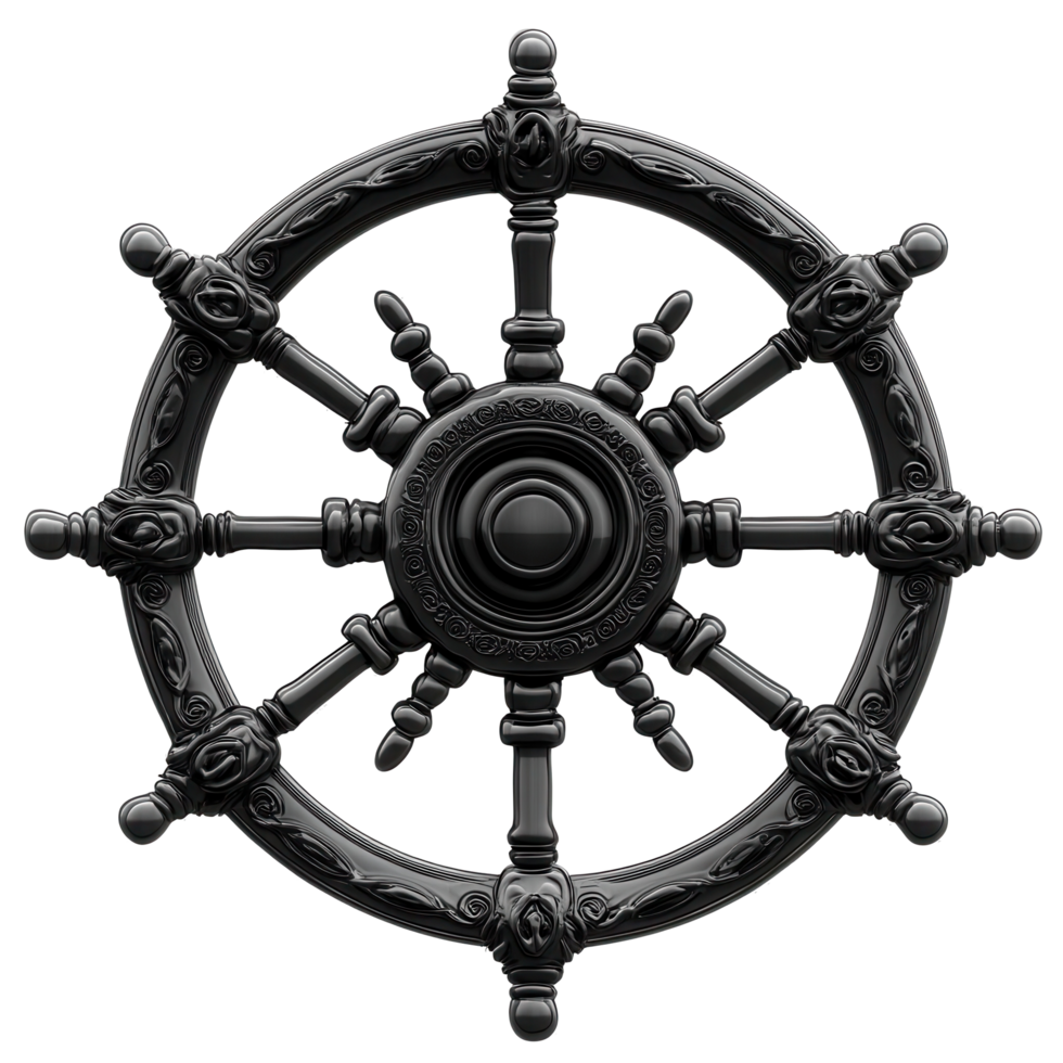 Ornate, black dharma wheel, a symbol of buddhist teachings. png