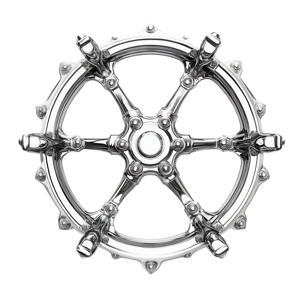 Metallic, intricate, circular steering wheel design. png