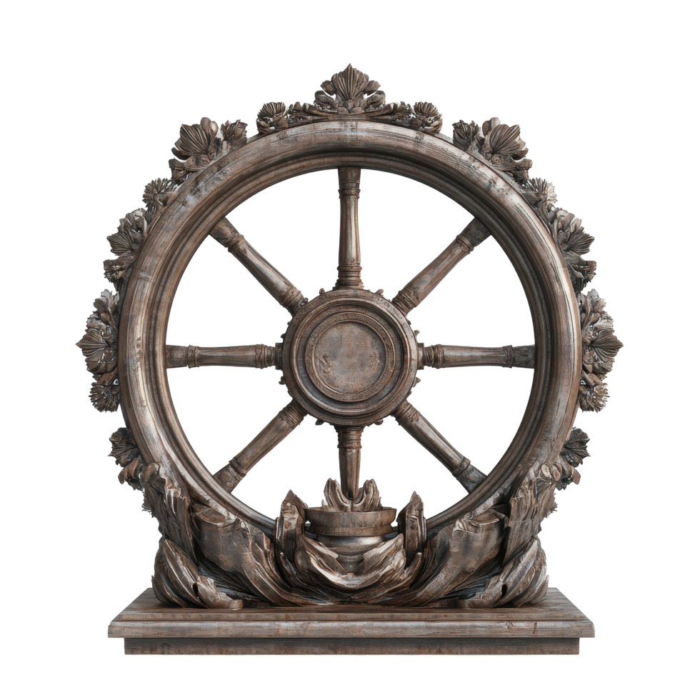 Ornate, circular wheel sculpture on a pedestal base. png