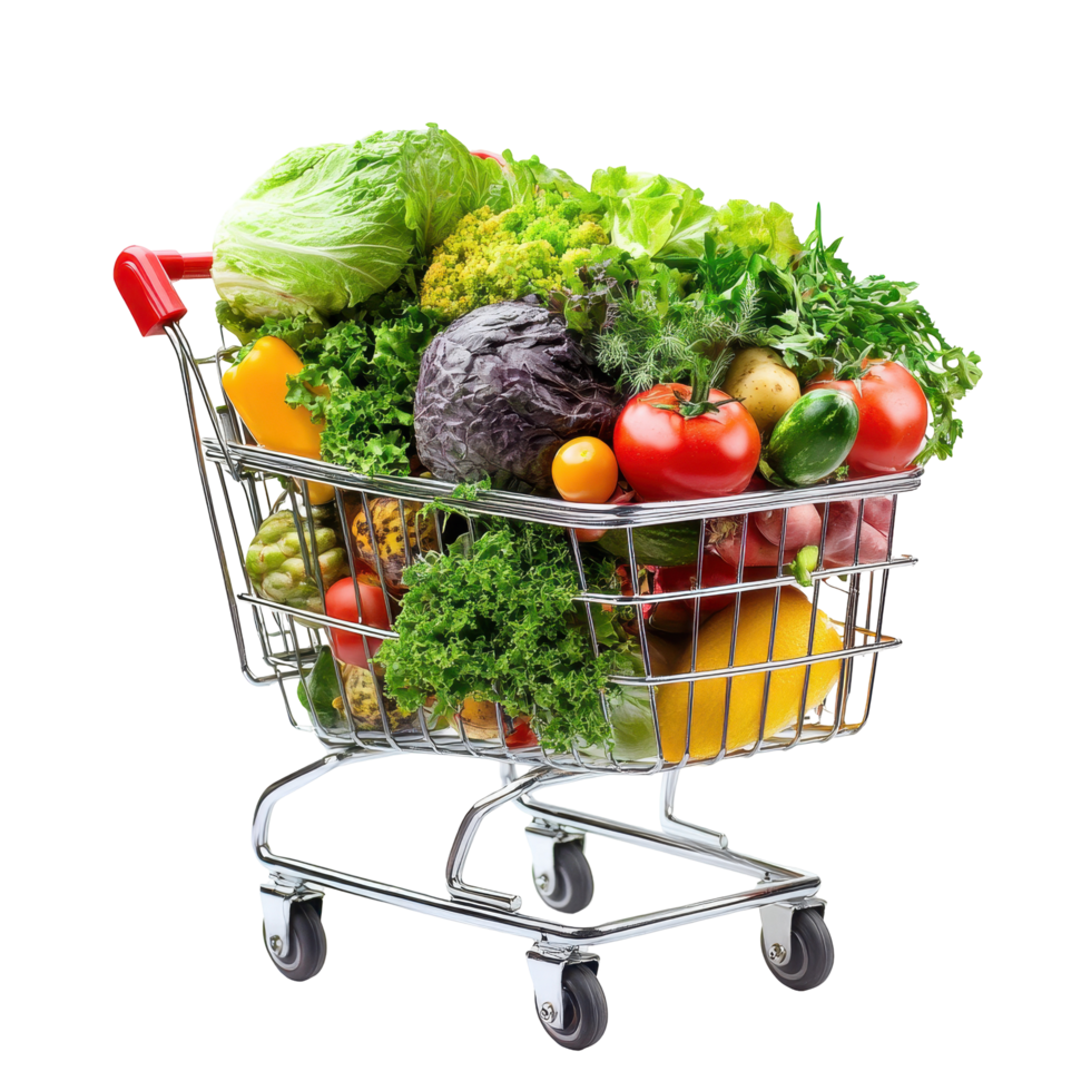 Grocery cart overflowing with fresh produce. png