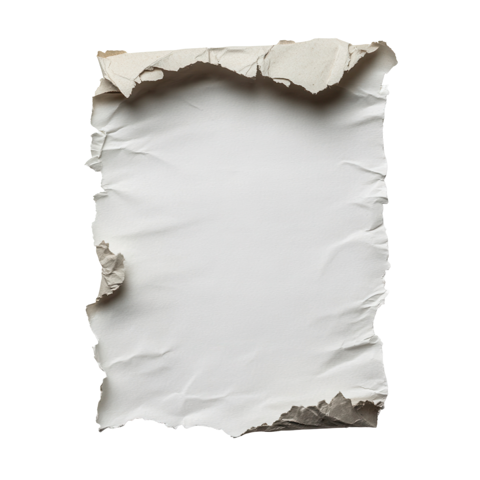 Aged, ripped white paper sheet with torn edges. png