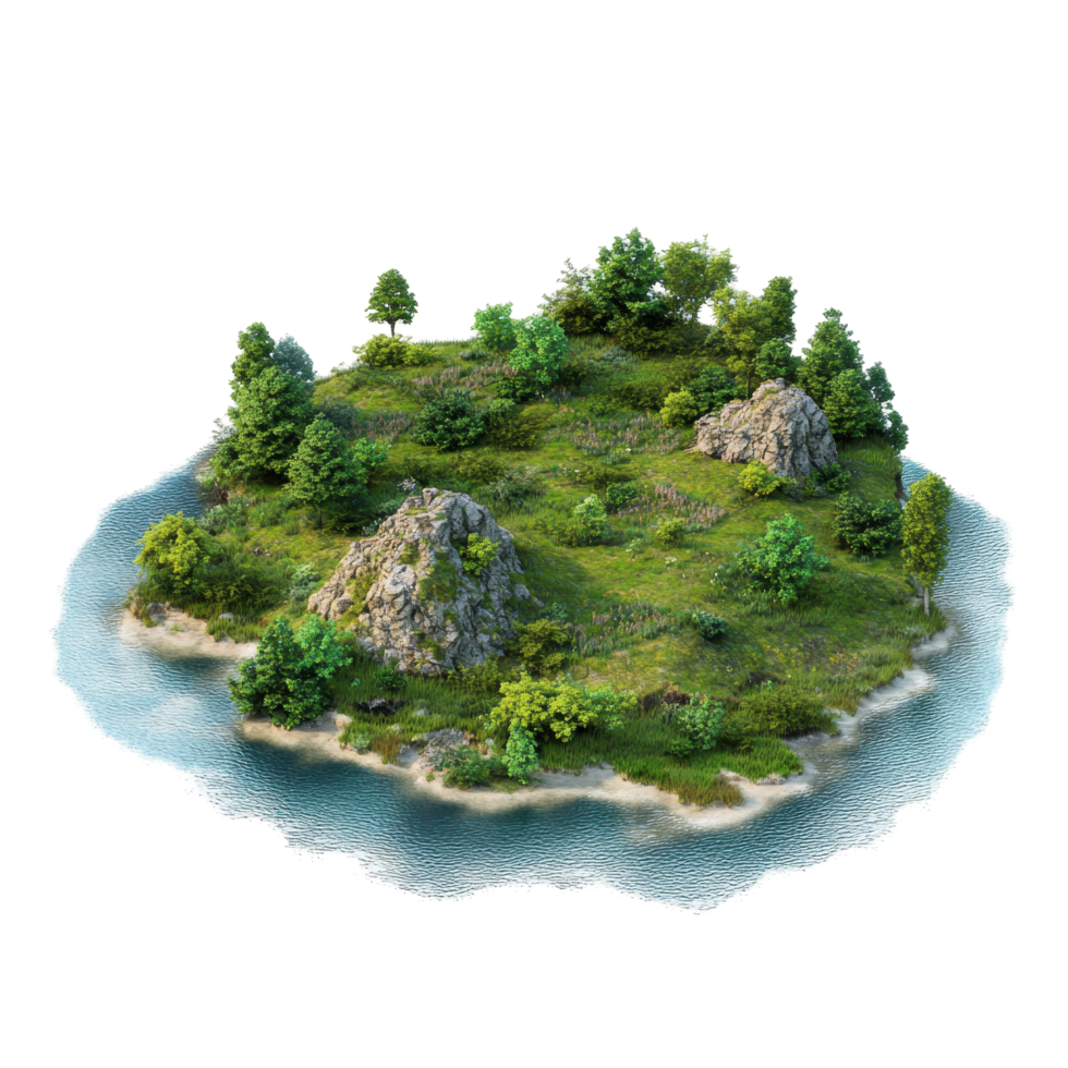 Lush island landscape in a tranquil ocean setting. png