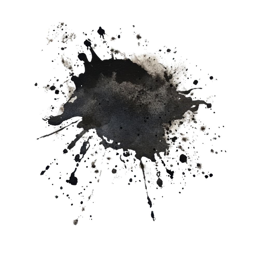 Abstract splatter of dark gray, textured ink, with fragmented digital elements. png