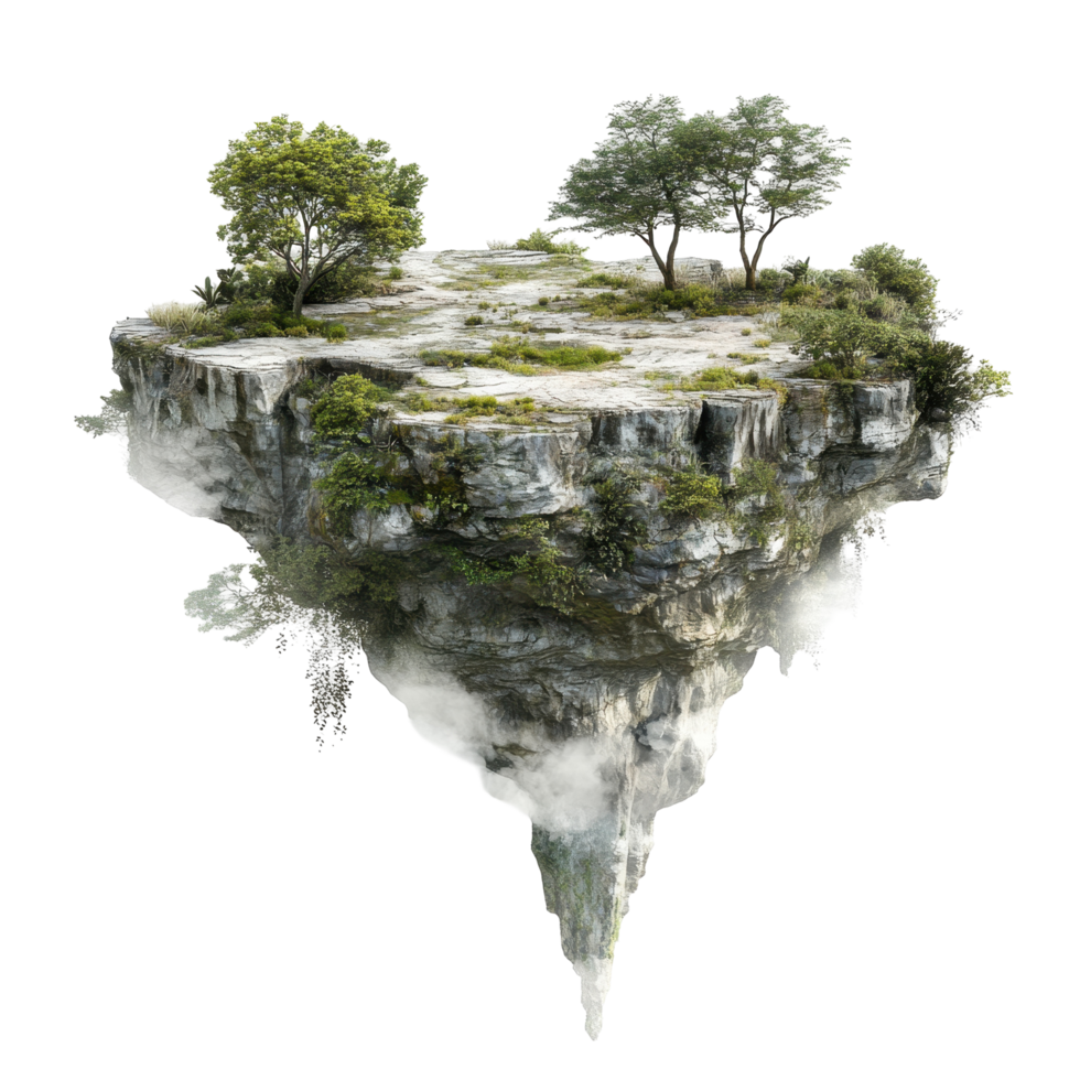 Floating island landscape with verdant vegetation and stone formations. png