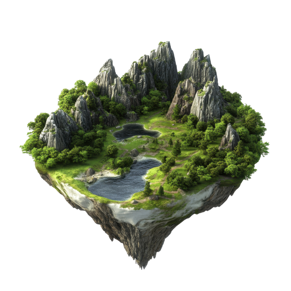Floating island paradise, lush with vegetation and rocky peaks. png